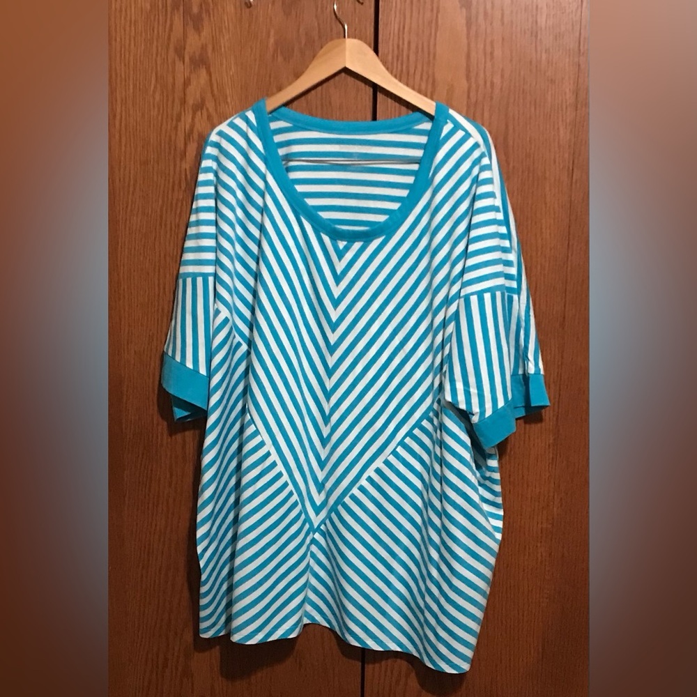 NWOT Woman Within Size 34/36 4X Turquoise & White Striped V-Neck Women’s Top